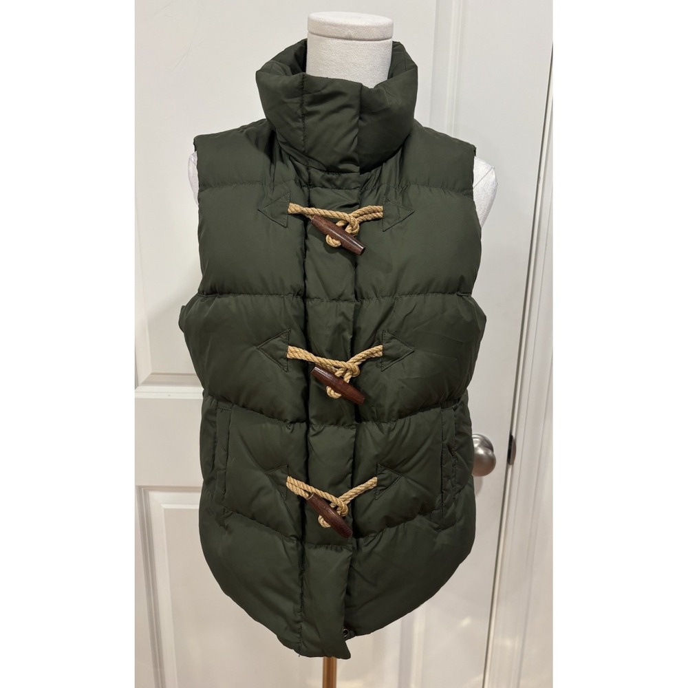 J Crew Womens Down Vest Size S Green Puffy Toggle Buttons Full Zip